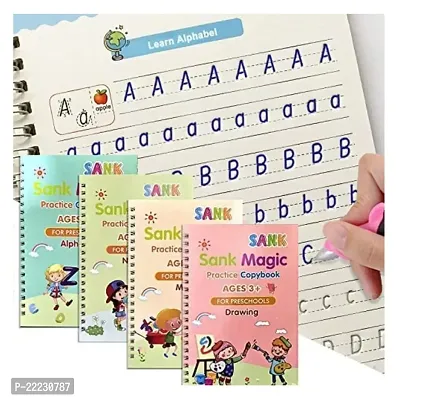 Reusable Magic Practice Notebook 4 Books Math, Drawing, Alphabet, Number, Pen With 10 Refills, Magic Calligraphy Books For Kids-thumb0