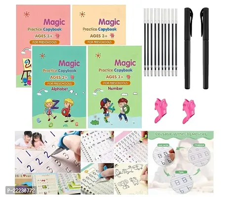 Reusable Magic Practice Notebook 4 Books Math, Drawing, Alphabet, Number, Pen With 10 Refills, Magic Calligraphy Books For Kids-thumb0