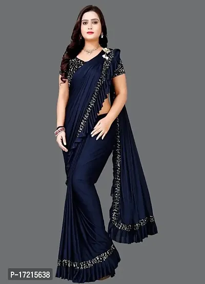 Beautiful Navy Blue Cotton Blend Saree With Blouse Piece For Women-thumb0
