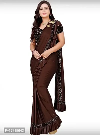 Beautiful Brown Cotton Blend Saree With Blouse Piece For Women-thumb0