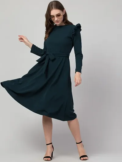 Solid Shoulder Frill Full Sleeve Dress
