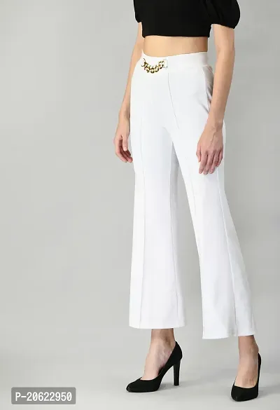 Elegant White Polyester Solid Trousers For Women