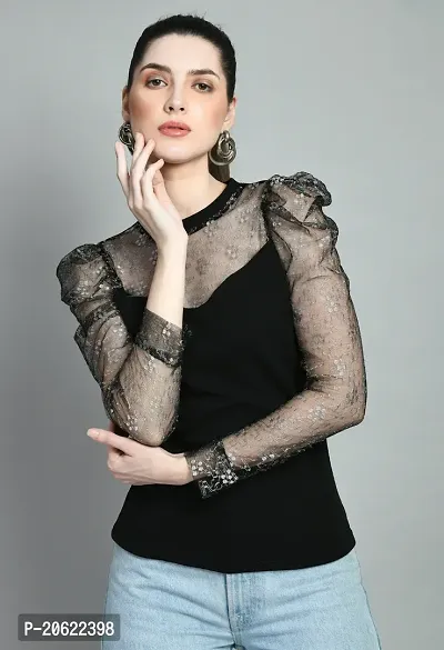 Elegant Black Cotton Blend Embellished Top For Women