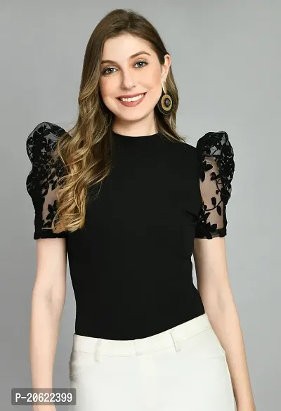 Elegant Black Polyester Solid Top For Women