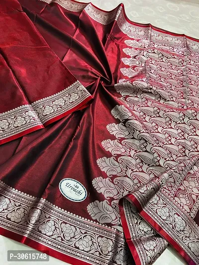 Stylish Maroon Satin Embroidered Banarasi Silk Saree with Blouse piece For Women