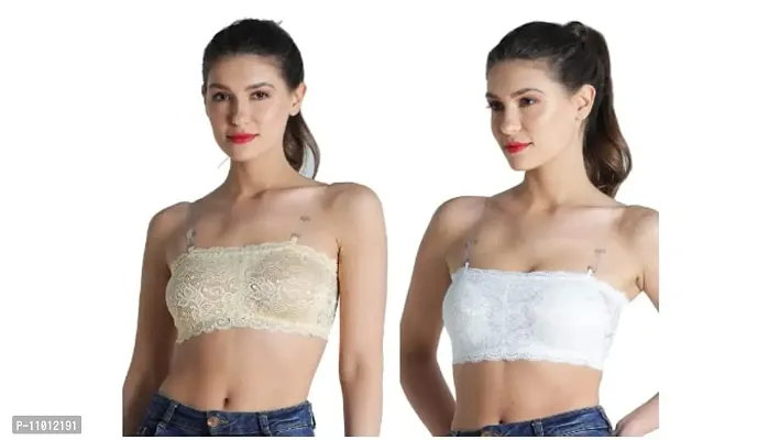 Women's Lace Tube Strapless Padded Bra (Free Size, 28B to 34B) (Free Size, Cream and White)-thumb0