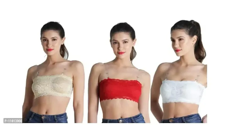 Women's Lace Tube Strapless Padded Bra (Free Size, 28B to 34B) (Free Size, Cream, Red and White)-thumb0