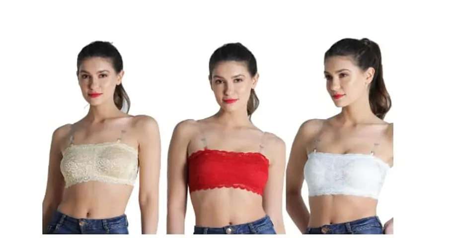 Women's Lace Tube Strapless Padded Bra (Free Size, 28B to 34B) (Free Size, Cream, Red and White)