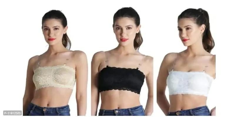 Women's Lace Tube Strapless Padded Bra (Free Size, 28B to 34B) (Free Size, Cream, Black and White)-thumb0