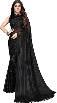 FLOURIOUS Araina Fashion Designed Lightweight Striped Pure Chiffon Saree With Black Velvet Blouse (Black)-thumb1