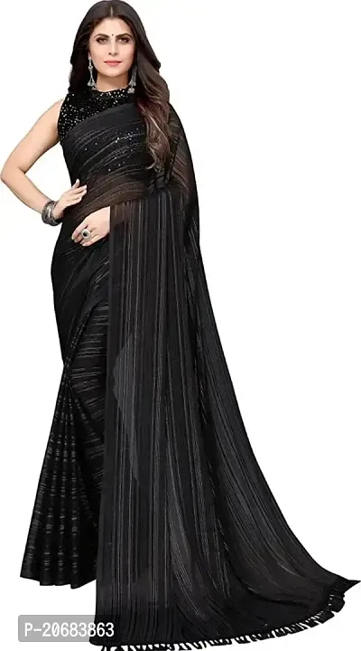 FLOURIOUS Araina Fashion Designed Lightweight Striped Pure Chiffon Saree With Black Velvet Blouse (Black)-thumb2