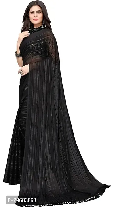 FLOURIOUS Araina Fashion Designed Lightweight Striped Pure Chiffon Saree With Black Velvet Blouse (Black)-thumb4