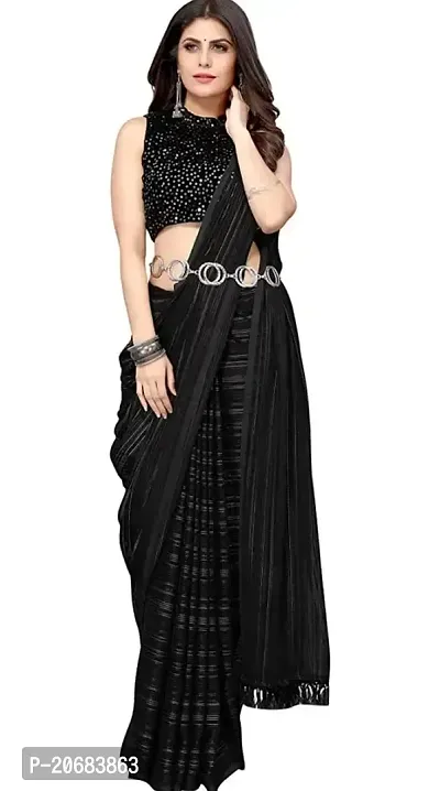 FLOURIOUS Araina Fashion Designed Lightweight Striped Pure Chiffon Saree With Black Velvet Blouse (Black)