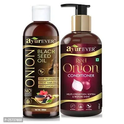 AYUREVER Red Onion Black Seed Oil - 200 ml with Onion Conditioner - 300 ml Combo Pack (Blackseed200+Conditioner)-thumb0