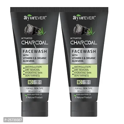 AyurEver Activated Charcoal Face Wash With Vitamin E  Organic Aloevera For Anti-Pollution | Dirt Removal | Hydrating Skin | Skin Fairness | Suitable for All Skin Type | Face Wash (100ml) Pack of 2