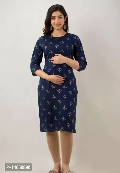 Stylish Rayon Navy Blue Printed Knee Length Round Neck 3/4 Sleeve Straight Design Maternity And Feeding Kurta For Women