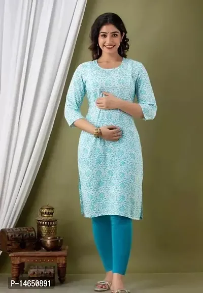 Stylish Rayon Sky Blue Printed Knee Length Round Neck 3/4 Sleeve Straight Design Maternity And Feeding Kurta For Women
