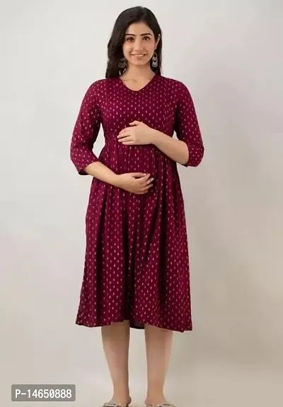 Stylish Rayon Wine Red Printed Knee Length V Neck 3/4 Sleeve Anarakali Design Maternity And Feeding Kurta For Women-thumb0