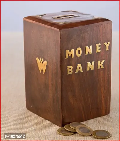 Wooden Rectangular Shape Money Bank | Piggy Bank | Saving Box |  for Kids with Lock Gifts for Boys, Girls  Adult Hand Crafted Brown.-thumb0