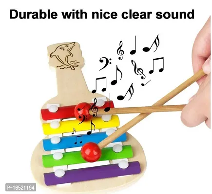 wooden xylophone guitar shaped musical toy for children with 5 note pack of 1- Multi color-thumb2