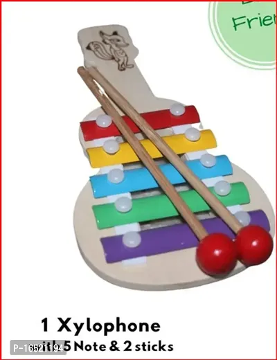 wooden xylophone guitar shaped musical toy for children with 5 note pack of 1- Multi color-thumb4
