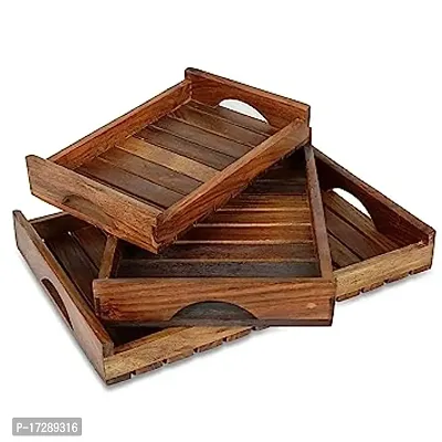 Wooden Serving Trays with Handle ndash; Set of 3 ndash; Large, Medium and Small Serving Trays - for Breakfast, Coffee Table-thumb0