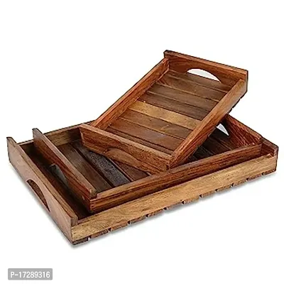 Wooden Serving Trays with Handle ndash; Set of 3 ndash; Large, Medium and Small Serving Trays - for Breakfast, Coffee Table-thumb2