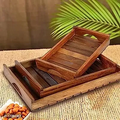 Wooden Tray Set/Tray for Breakfast Coffee Butter Serving Table Decor, Gifts, Standard, Brown Handcarved Coffee, Tea, Dryfruit and Snacks Serving Trays (Plain Tray Set of 3)