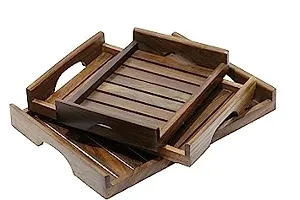 Wooden Tray Set/Tray for Breakfast Coffee Butter Serving Table Decor, Gifts, Standard, Brown Handcarved Coffee, Tea, Dryfruit and Snacks Serving Trays (Plain Tray Set of 3)-thumb3