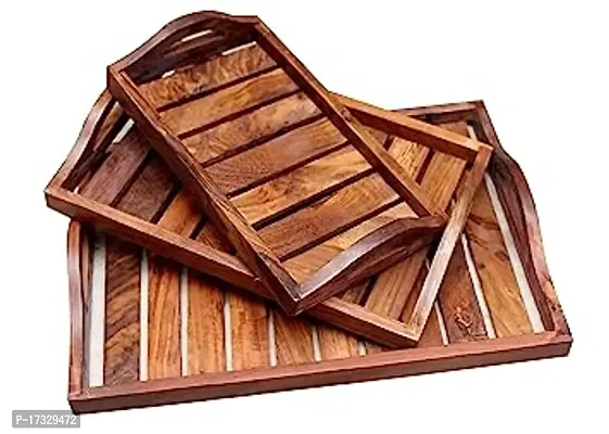 Wooden Tray Set/Tray for Breakfast Coffee Butter Serving Table Decor, Gifts, Standard, Brown Handcarved Coffee, Tea, Dryfruit and Snacks Serving Trays (Plain Tray Set of 3)