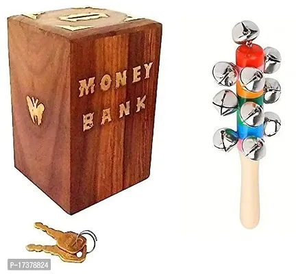 Handmade Wooden Rectangular Shape/Money Bank/Piggy Bank/Coin Box with Wooden Non Toxic Colorful Rattle Toys for New Born Baby