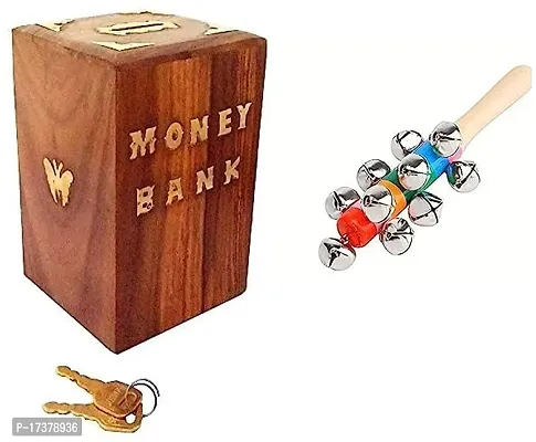 Wooden Money Bank / Gullak / Money Box - Rectangular Shape with Musical Infant Toy, / Dugi Dugi Rattle Sweet Cuddle Infant of JhunJhuna ( wooden )