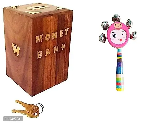 Piggy Bank for Adults Wooden Money Bank Coin Box for Kids with Lock  and Wooden Baby Rattle Toy - Hand Crafted Rattle Set for Kids-thumb0