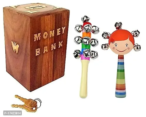 Wooden Piggy Bank for Adults Wooden Money Bank Coin Box for Kids with Lock and Wooden Non Toxic Colourful Rattle Toys for Newborn Baby, Musical Infant Toy, Gift Set Age 0+ (Set of 2, Multicolor)