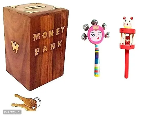 Wooden Money Bank with Wooden Baby Rattle Toy - Hand Crafted Rattle Set for Kids - Musical Toy for Newly Born (Pack of 2 face, cage Rattle)