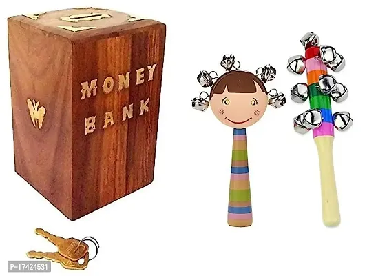 Wooden Money Bank - Coin Saving Box - Piggy Bank with Hand Crafted Rattle Set for Kids - Musical Toy for Newly Born (Pack of 2 face, cage Rattle)