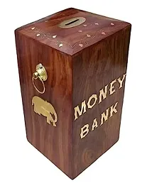 Wooden Money Bank - Coin Saving Box - Piggy Bank with Hand Crafted Rattle Set for Kids - Musical Toy for Newly Born (Pack of 2 face, cage Rattle)-thumb2