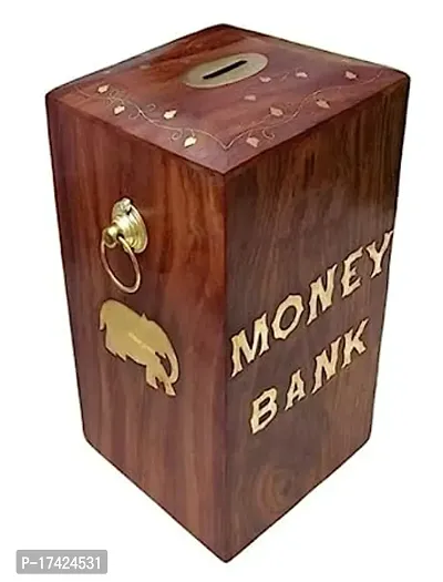 Wooden Money Bank - Coin Saving Box - Piggy Bank with Hand Crafted Rattle Set for Kids - Musical Toy for Newly Born (Pack of 2 face, cage Rattle)-thumb3