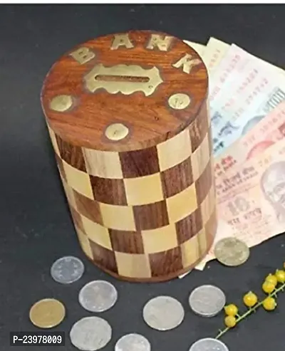 Chess Design Pattern Embossed Cylindrical Wooden Money Bank for Kids, Safe Coin Storage for Children  Birthday Gift .-thumb0