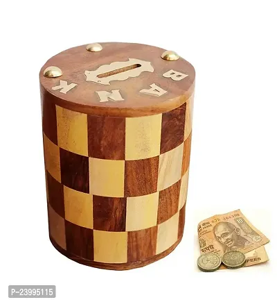 Wooden Antique Chess Pattern Embosed Cylendrical Shaped Wooden Money Bank - Coin Saving Box , 5 Inches
