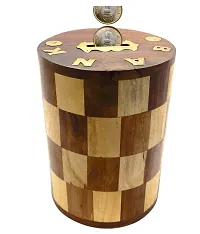 Wooden Antique Chess Pattern Embosed Cylendrical Shaped Wooden Money Bank - Coin Saving Box , 5 Inches-thumb1