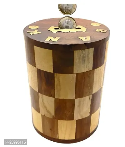 Wooden Antique Chess Pattern Embosed Cylendrical Shaped Wooden Money Bank - Coin Saving Box , 5 Inches-thumb2