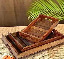 Serving Tray Set of 3 | Handmade Serving Platter Set | Multipurpose Wooden Trays with Handle | Stackable Platters for Serving Snacks, Breakfast, Coffee, Pastries-thumb1