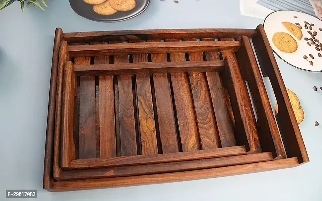 Wooden Brown Serving Tray Set of 3 - Large Serving Tray with Handles - Wood Tray - Coffee Table Tray - Food Tray - Wooden Tray