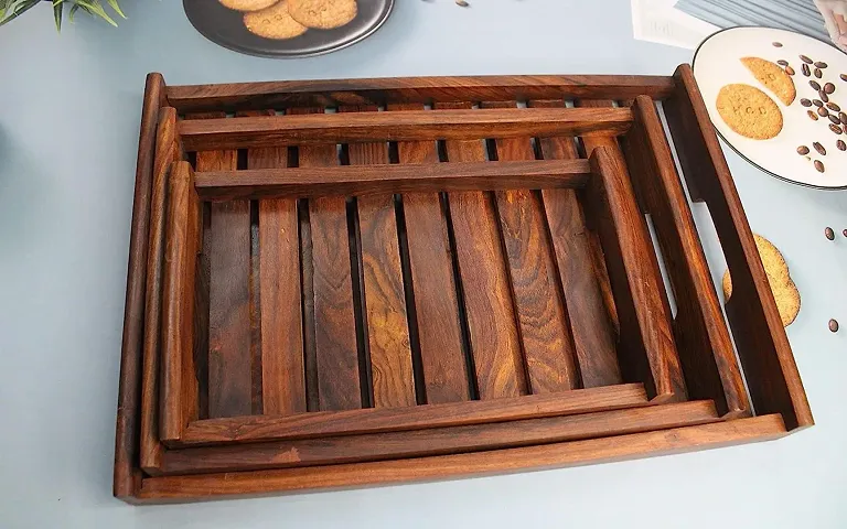 Wooden Brown Serving Tray Set of 3 - Large Serving Tray with Handles - Wood Tray - Coffee Table Tray - Food Tray - Wooden Tray