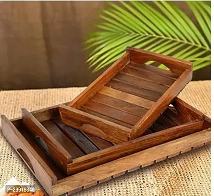 Set Of 3 Wooden Serving Trays With Handles, Trays For Serving Cakes |  Pastries | Snacks |  Breakfast |  Coffee |   Rectangular Shape Brown Kitchen Decorative.-thumb0