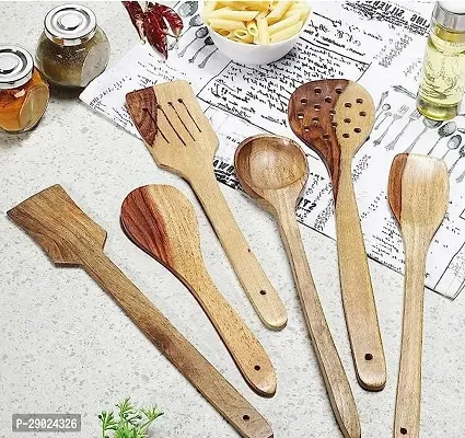 Wooden Non-Stick Spatula Set for Kitchen Cooking and Serving Tools | Cooking Spoon Kitchen Tools (Brown, Set of 6)-thumb0