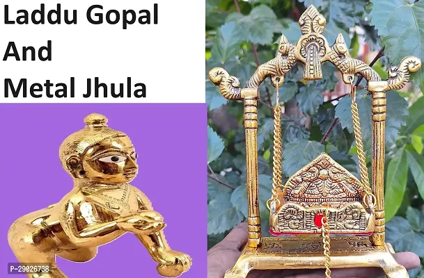 Laddu Gopal with Metal Solid Jhula Swing for Bal Gopal Murti Idol Baby Krishna with for Home, Home Decor / Gifting Item / Showpiece-thumb0