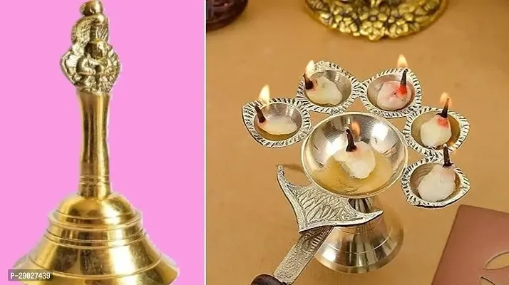 Present Diya Set /Pancharti Diya /Panch Diya /Five Faces Diya /Akhnd Jyoti Diya  With Brass Bell /Ghanti For Pooja /Mandir Ghanti  Diwali Navratri Special Combo Set