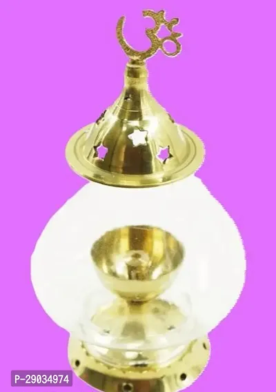 Akhand Jyoti Brass Diya for puja-Akhand Diya with Glass Cover/Oil Puja Lamp Brass Table Diya  For Diwali Navratri Pooja  Home Tample-thumb0